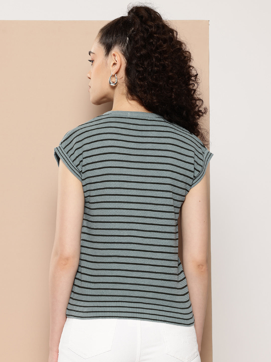 Women Knitted T-Shirt ,Summer Wear Color Striped Round neck , Firozi