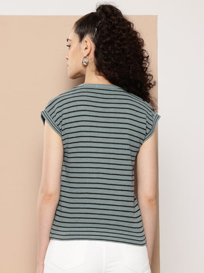 Women Knitted T-Shirt ,Summer Wear Color Striped Round neck , Firozi