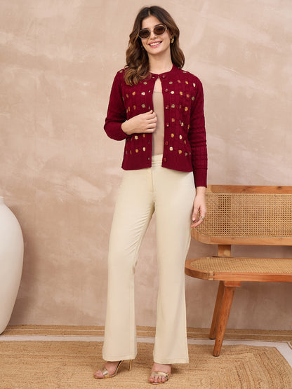 Floral Embroidered Honeycomb Cable-Knit Cardigan