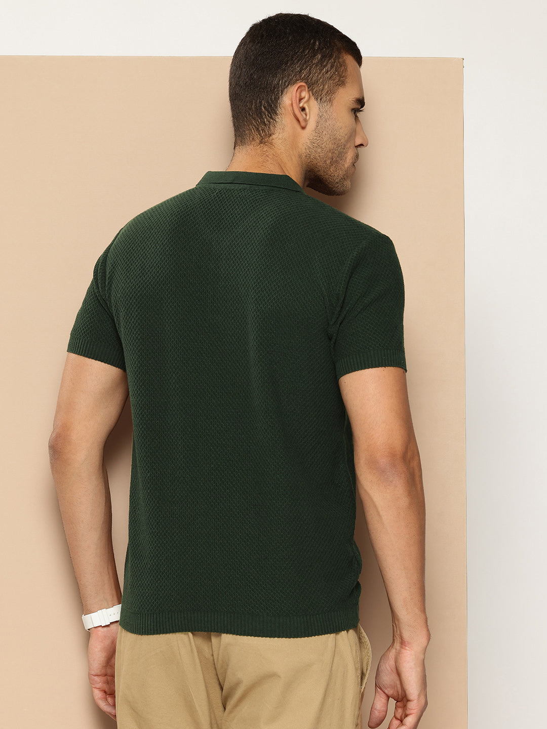 CLAPTON Men Knitted Textured Polo Collar T shirt GREEN