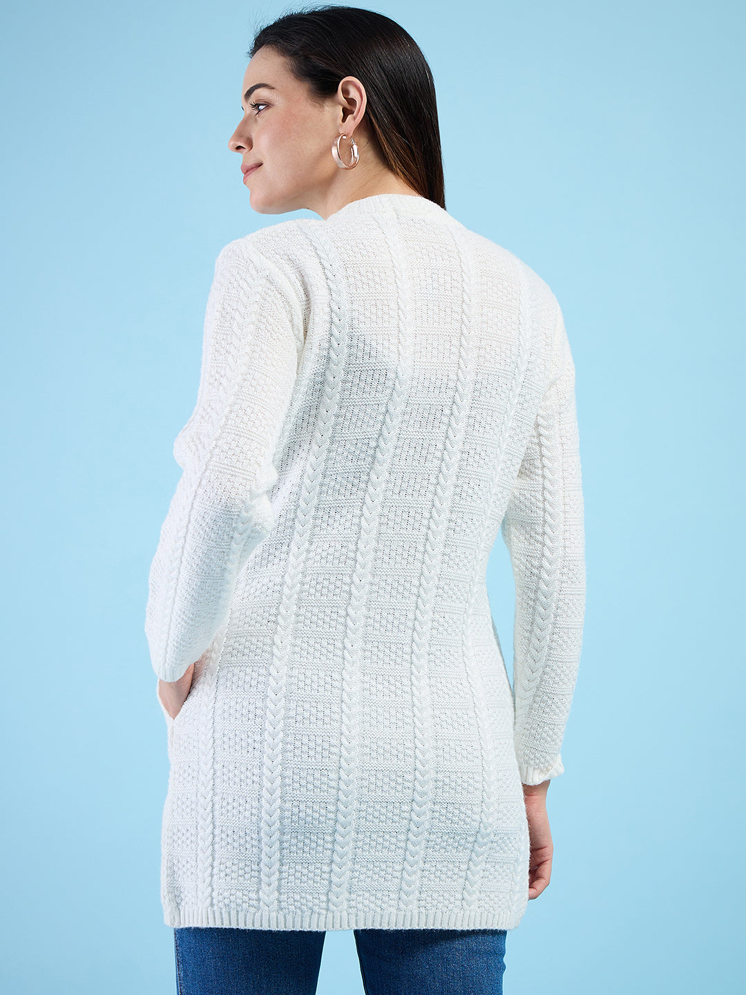 Clapton Cable Knit  Design Woolen  Longline Cardigan Sweater for women and Girls White