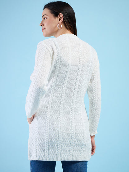 Clapton Cable Knit  Design Woolen  Longline Cardigan Sweater for women and Girls White