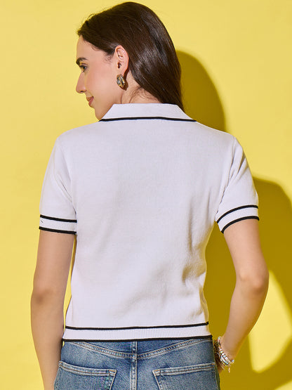Women Striped Polo Neck With Pocket Pure Cotton T-Shirt White