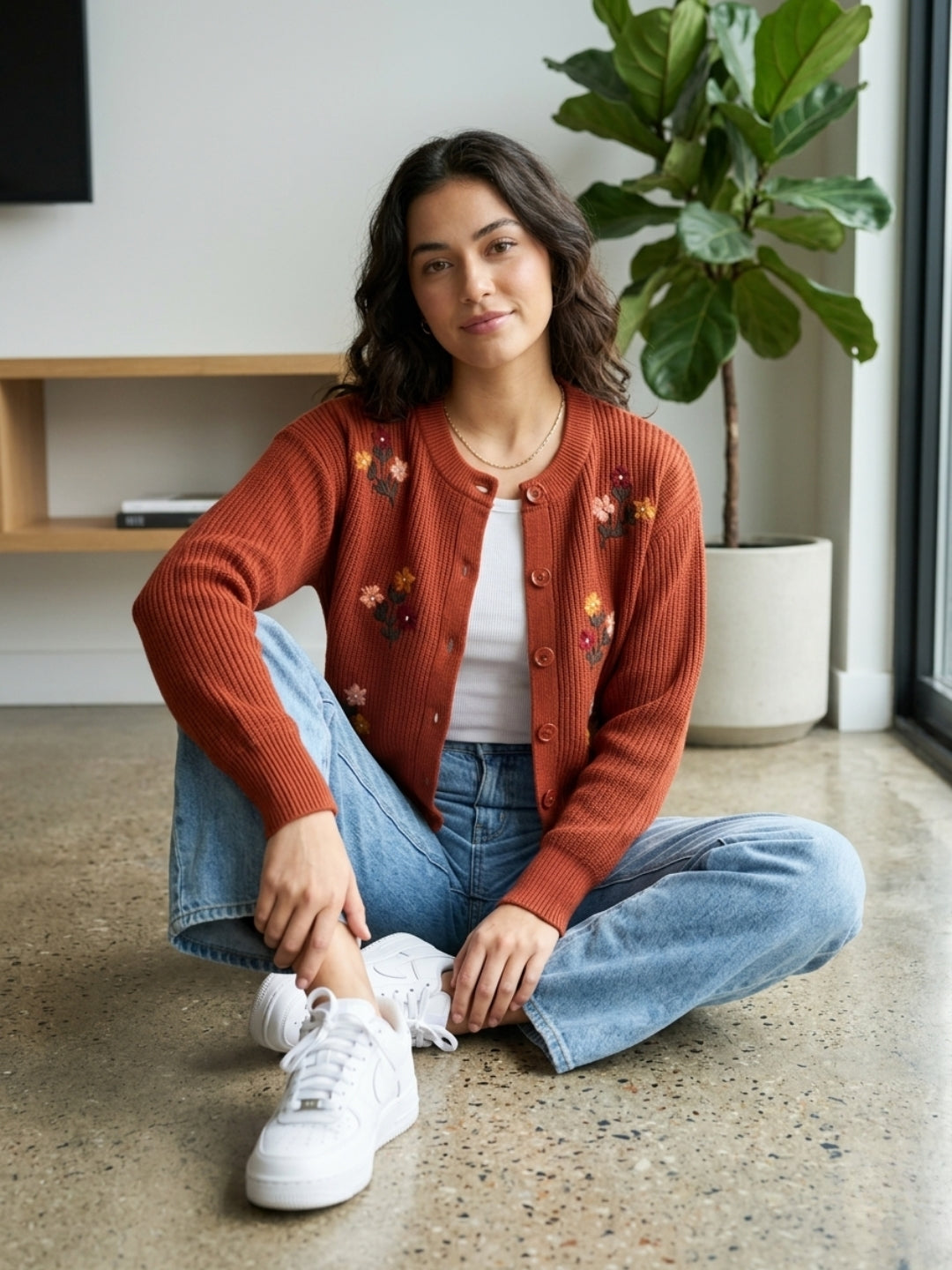 Women'S Black Knit Cardigan With Floral Embroidery, Button-Front, Round Neck, Full Sleeves Rust