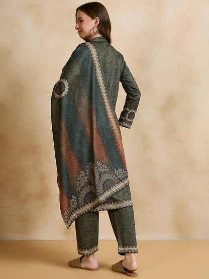 Clapton Printed Work Straight Kurta Pant With Dupatta Set Green