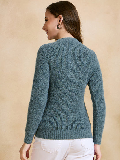 Women Self Design Round Neck Sweater Green