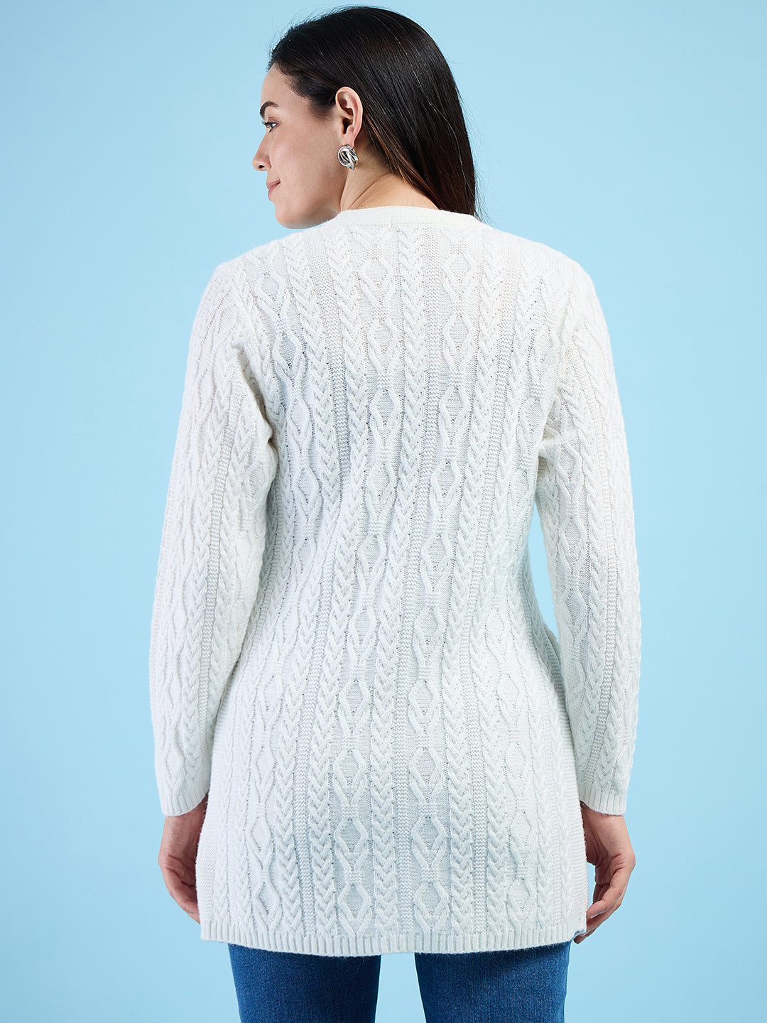 Clapton Cable Knit  Design Woolen  Longline Cardigan Sweater for women and Girls White