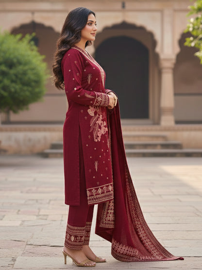 Embroidered wool blends for winter wear Straight-fit kurta with trousers and a dupatta (shawl) Black (Copy)