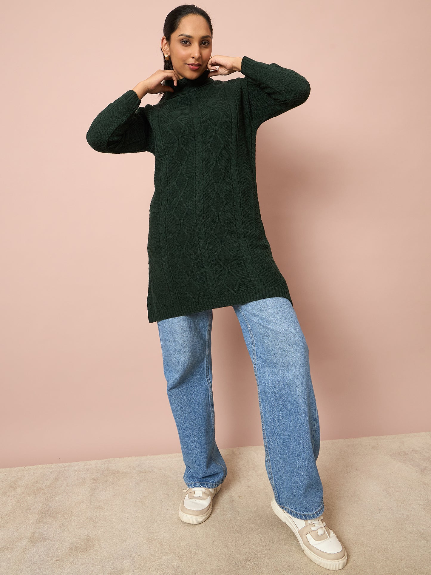 Clapton Cable Knitted  Wool Winter Wear Women’S Long Cardigan Green