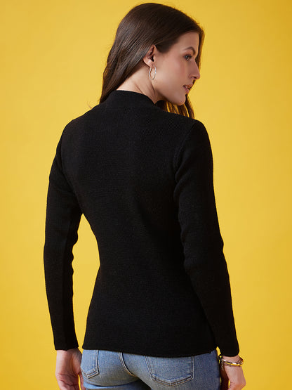 Wool Blend Crew Neck Full Sleeve Black Top