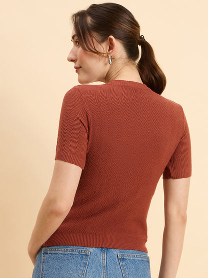 Clapton Women Knitted  Round Neck  T-shirt Rust