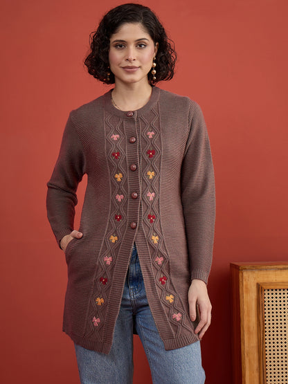 CLAPTON Women Floral Woolen Cardigan with Embroidered Mouse