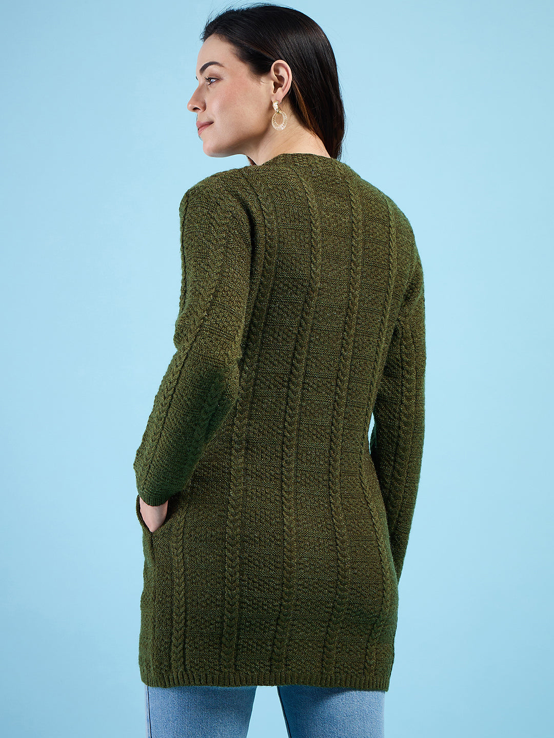 Clapton Cable Knit  Design Woolen  Longline Cardigan Sweater for women and Girls Green