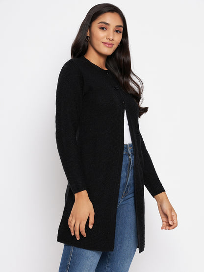 Wool Blend Round Neck Black Long Shrug