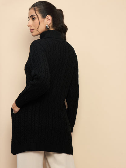 Clapton High Neck Cable Knitted Woolen Dress Black