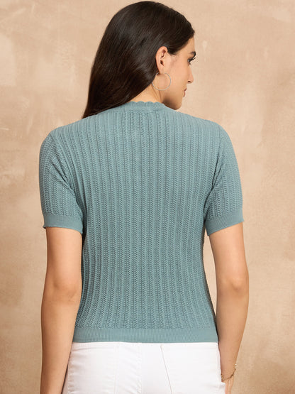 Clapton Women Knitted  Round Neck  T-shirt SKY -3105