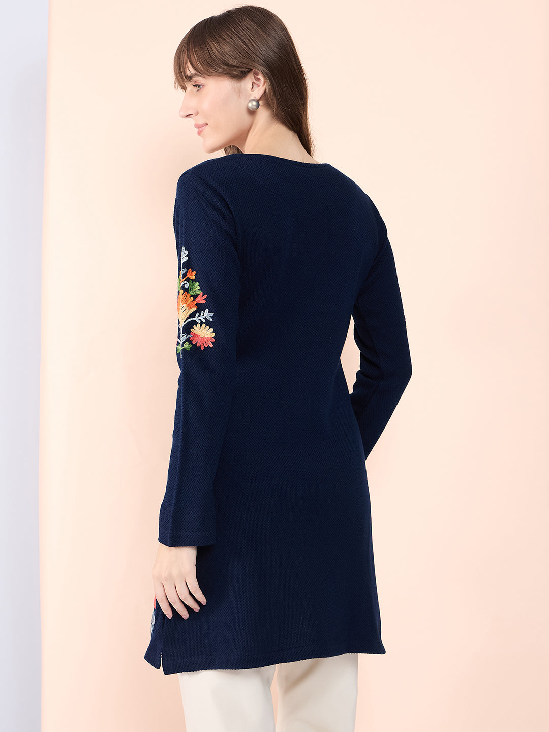 Women Multicolor Embroidered woolen Blend  Kurta Navy Blue Winter Wear