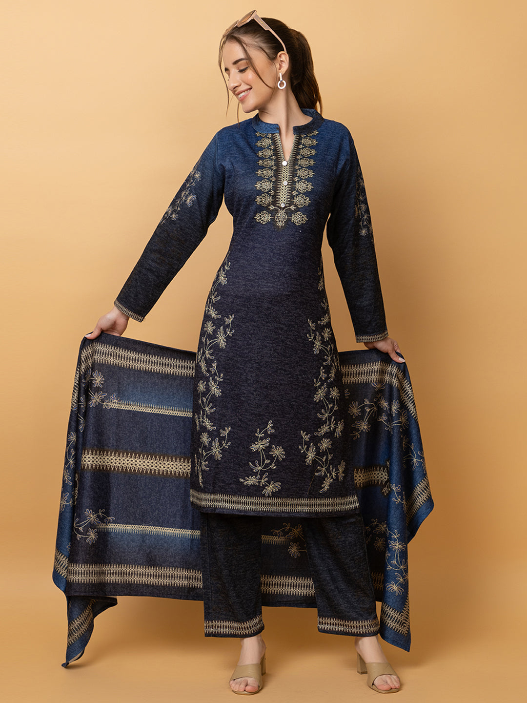 Clapton Pure Wool Winter Wear Embroidered Straight Kurta Pant With Dupatta Set Navy