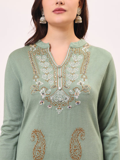 Clapton Pure Wool Winter Wear Embroidered Straight Kurta Pant With Dupatta Set Pista