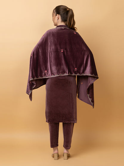 Velvet Embroidered Winter Wear Embroidered Straight Kurta Pant With Dupatta Set Purple