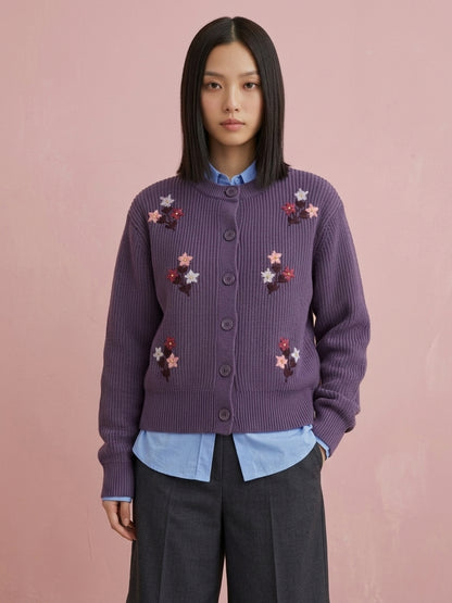 Women'S Black Knit Cardigan With Floral Embroidery, Button-Front, Round Neck, Full Sleeves Purple