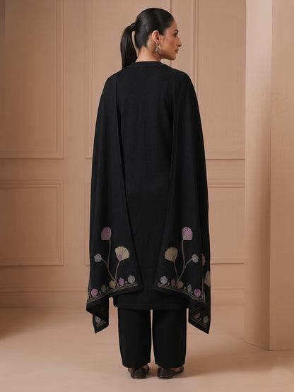 Woolen Embroidered  winter wear Kurti & Pant and Dupatta Set Black