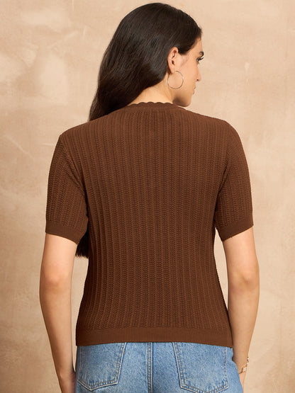 Clapton Women Knitted  Round Neck  T-shirt BROWN-3105