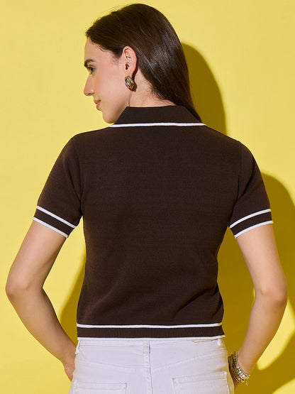 Women Striped Polo Neck With Pocket Pure Cotton T-Shirt Coffee