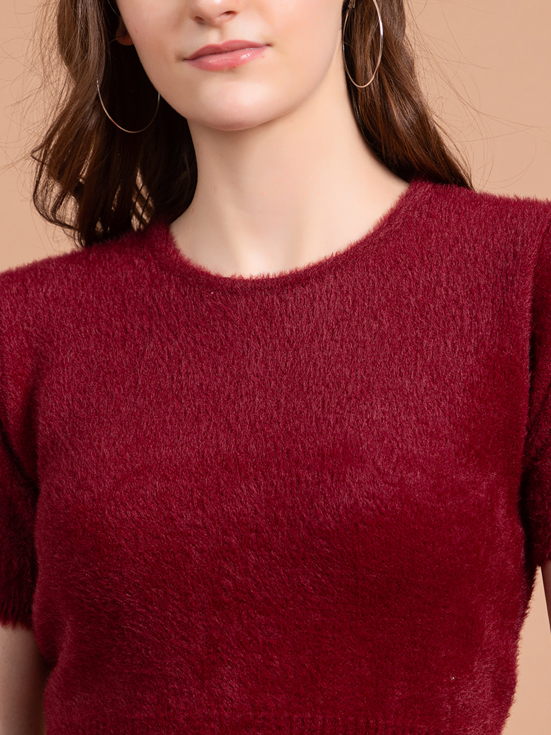 Clapton  Short-Sleeve Fuzzy Knit Crop Top Pullover Blouse Top for Women Girls Maroon
