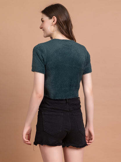 Clapton  Short-Sleeve Fuzzy Knit Crop Top Pullover Blouse Top for Women Girls Green