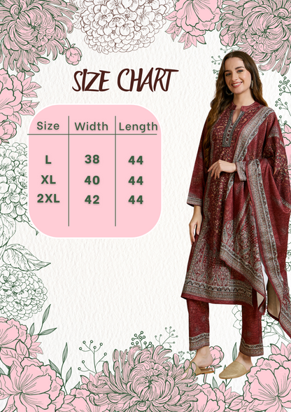 Clapton Printed Work Straight Kurta Pant With Dupatta Set Maroon