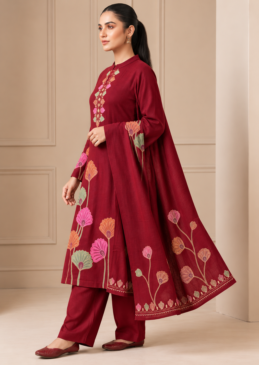 Woolen Embroidered  winter wear Kurti & Pant and Dupatta Set Maroon