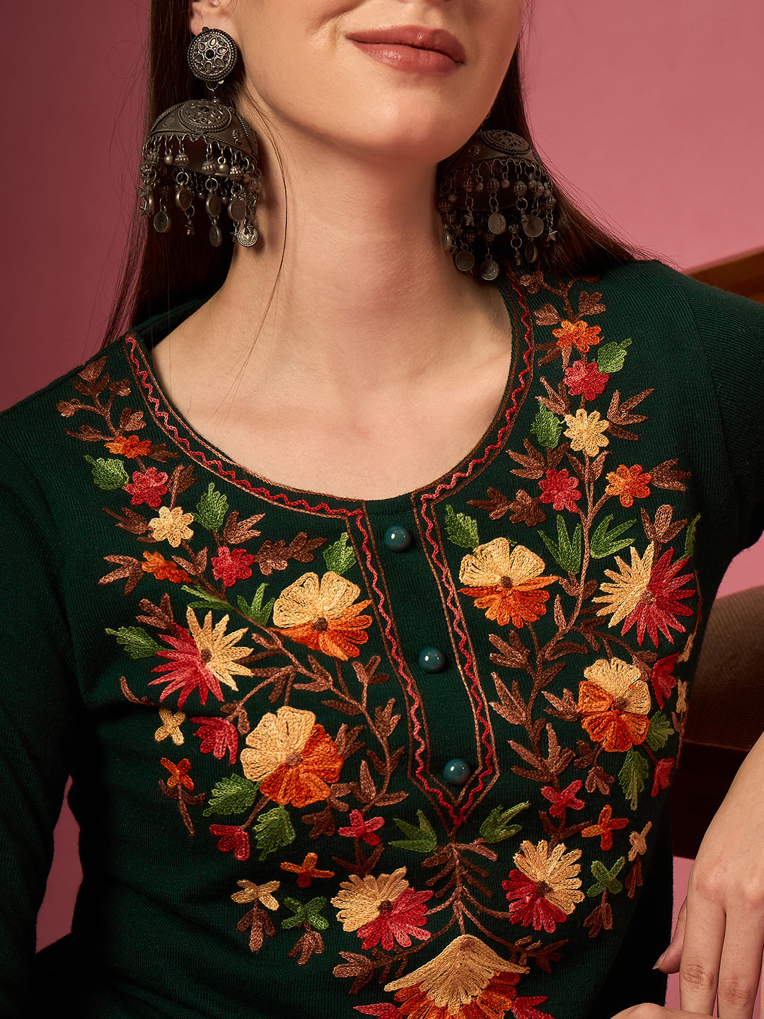 Women's  Kurti with Multicolor Floral Embroidery, Long Sleeves,winter wear Green