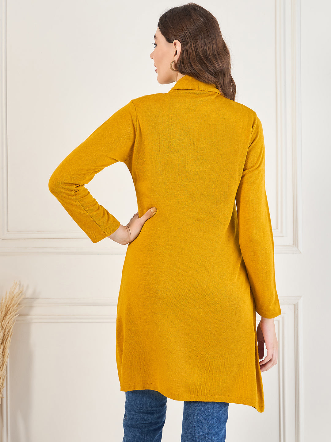 Women's Mustard Gold open neck long Sleeves, Knitted Winter Wear Shrug