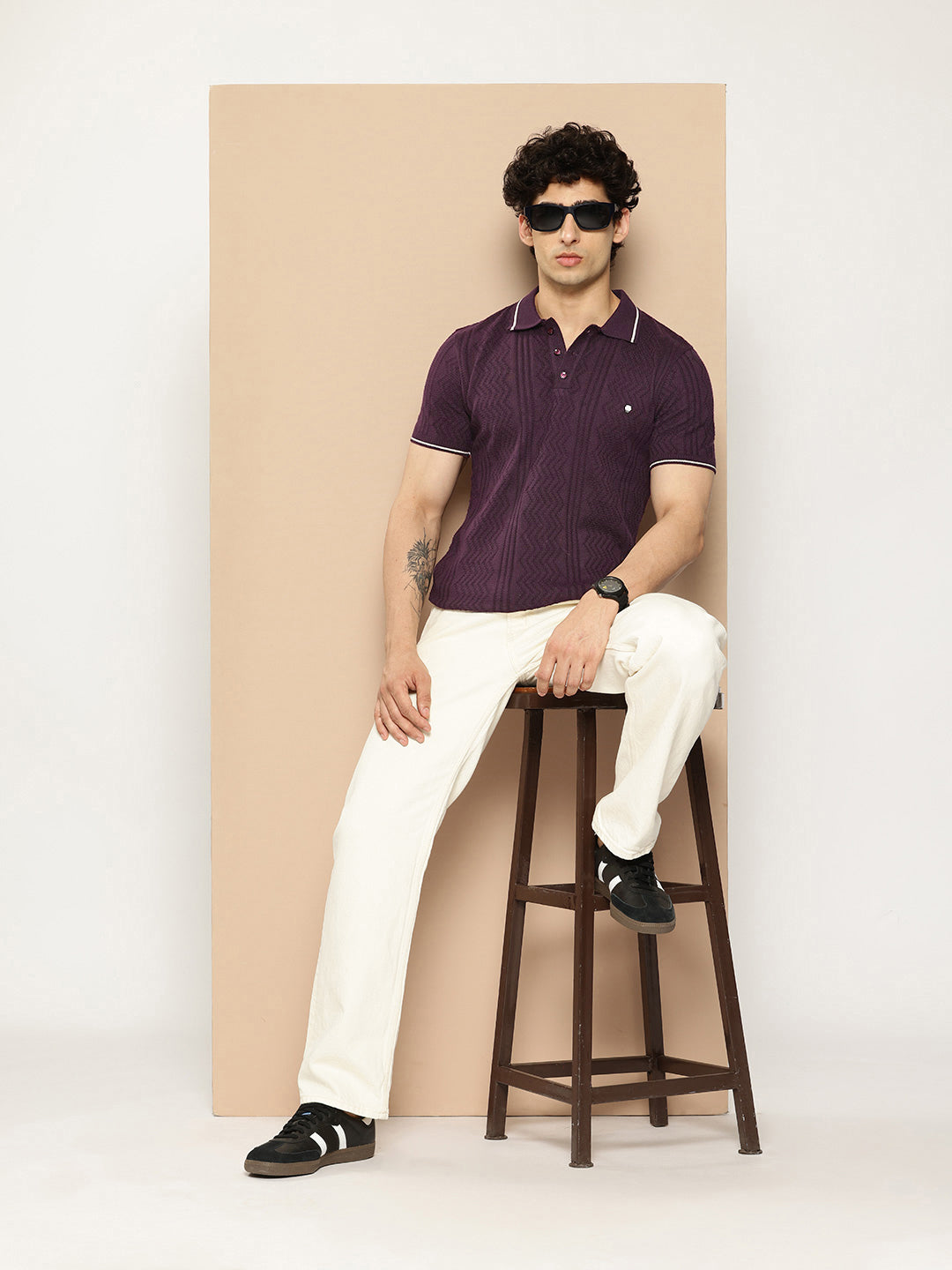 CLAPTON Men Knitted Textured Polo Collar Tshirt PURPLE