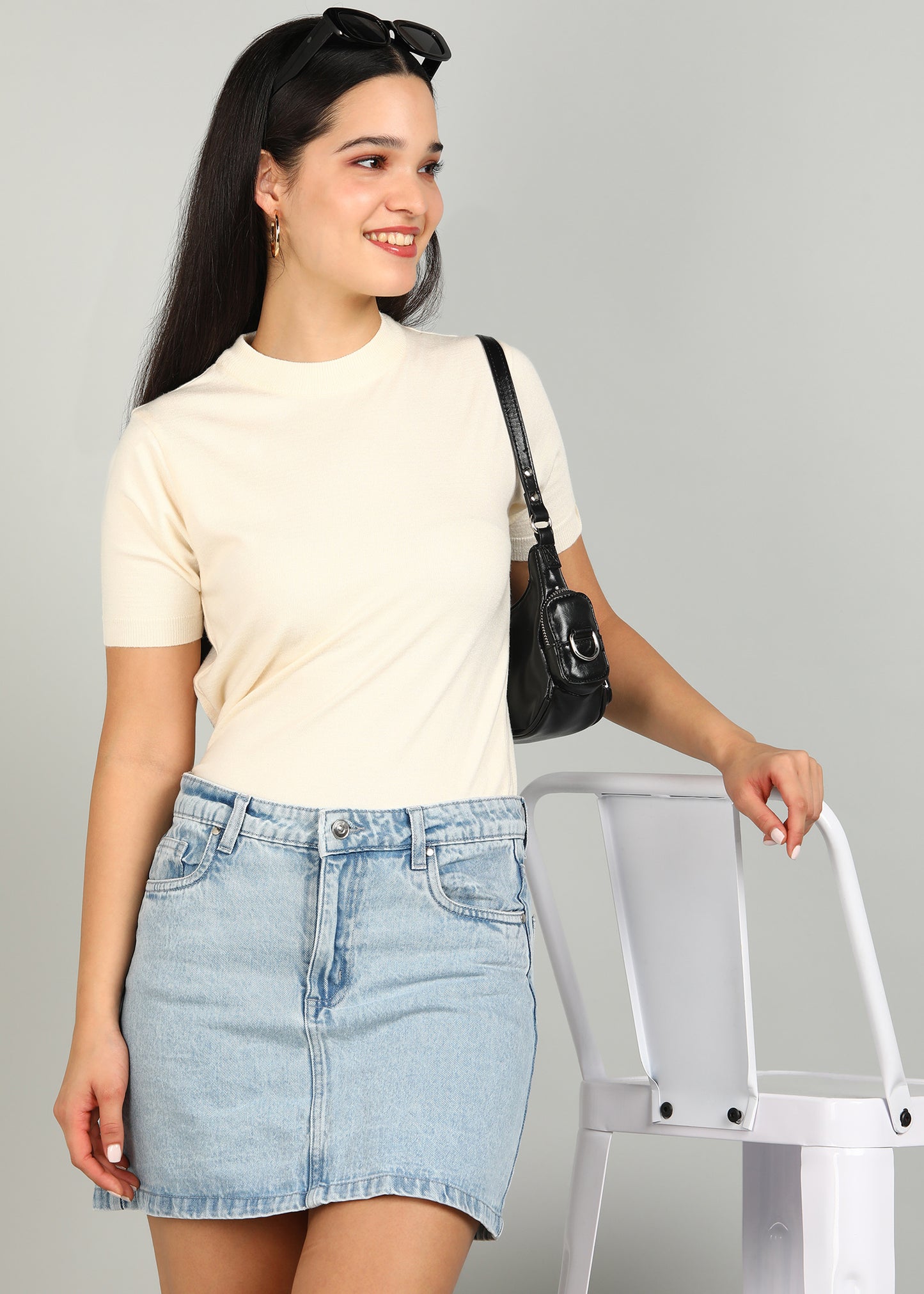 Women Solid Color Round Neck Half Sleeve Viscose T-Shirt Off White