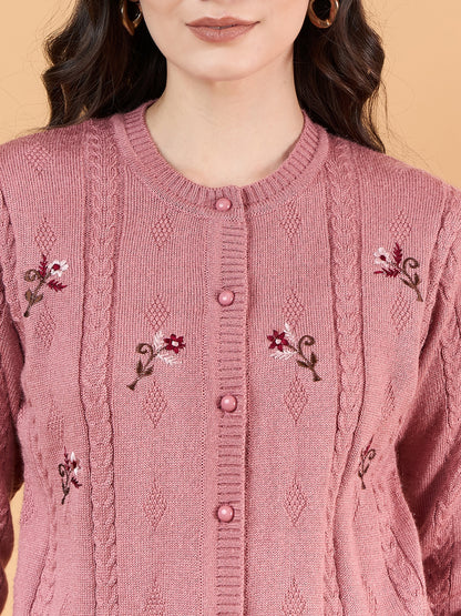 Clapton Floral Embroidered Full  Sleeve Cardigan Sweaters for Women Girls Pink