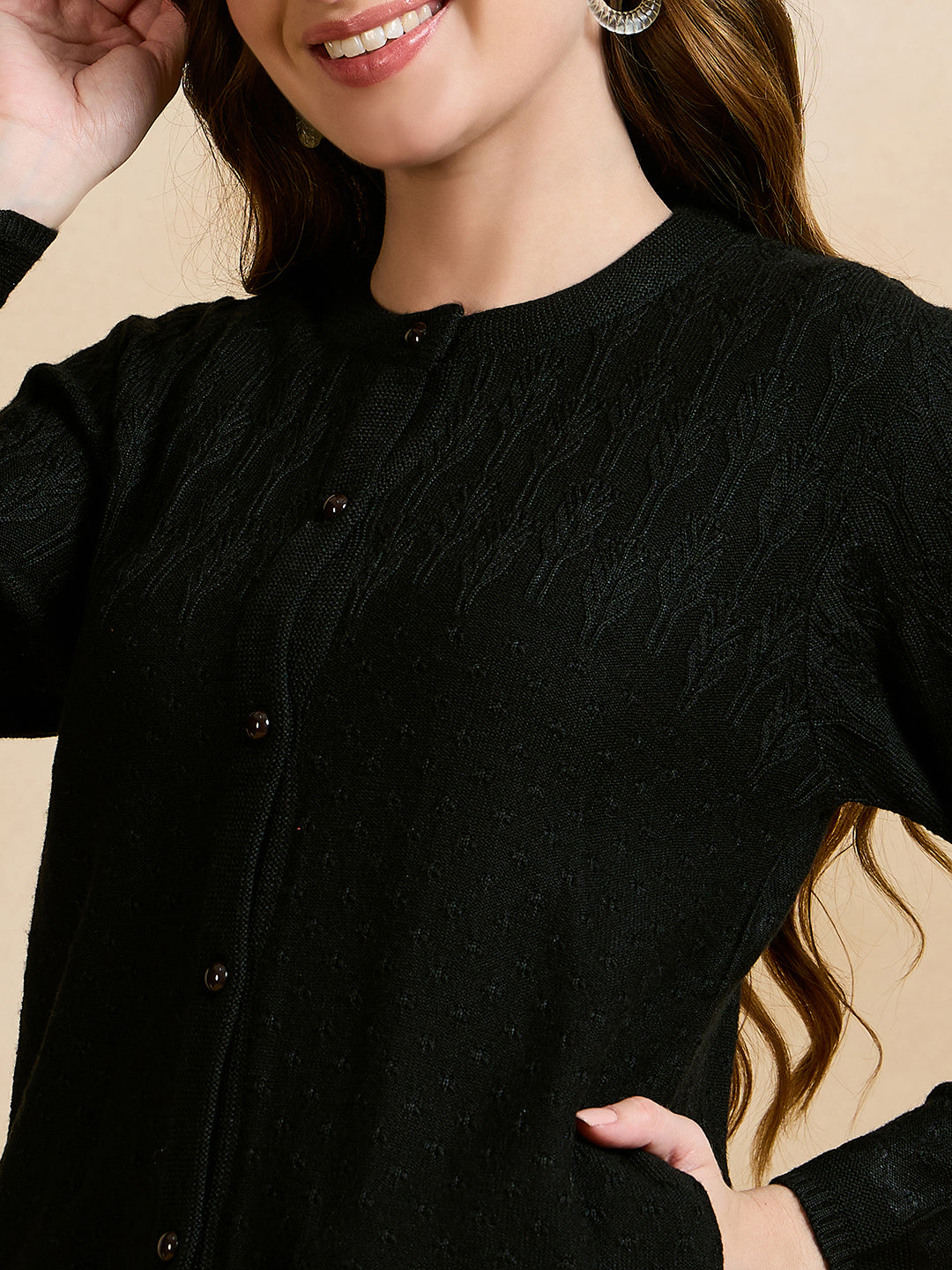 Wool Blend Round Neck Black cardigan