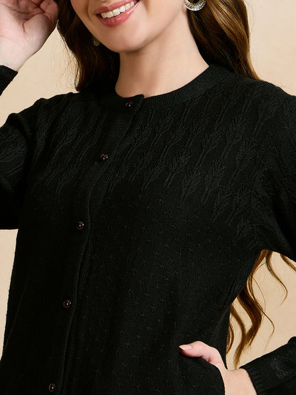 Wool Blend Round Neck Black cardigan