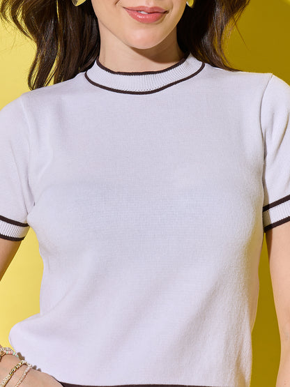 Women Striped Round Neck Pure Cotton T-Shirt White-Brown