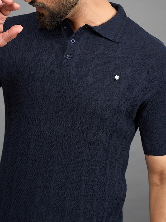 CLAPTON Men Knitted Polo Collar T-shirt  Navy