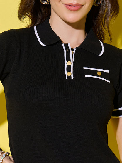 Women Striped Polo Neck With Pocket Pure Cotton T-Shirt Black