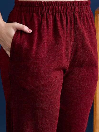 Women’S Embroidered Woolen Kurta With Straight-Fit Pants Co-Set Mehroon