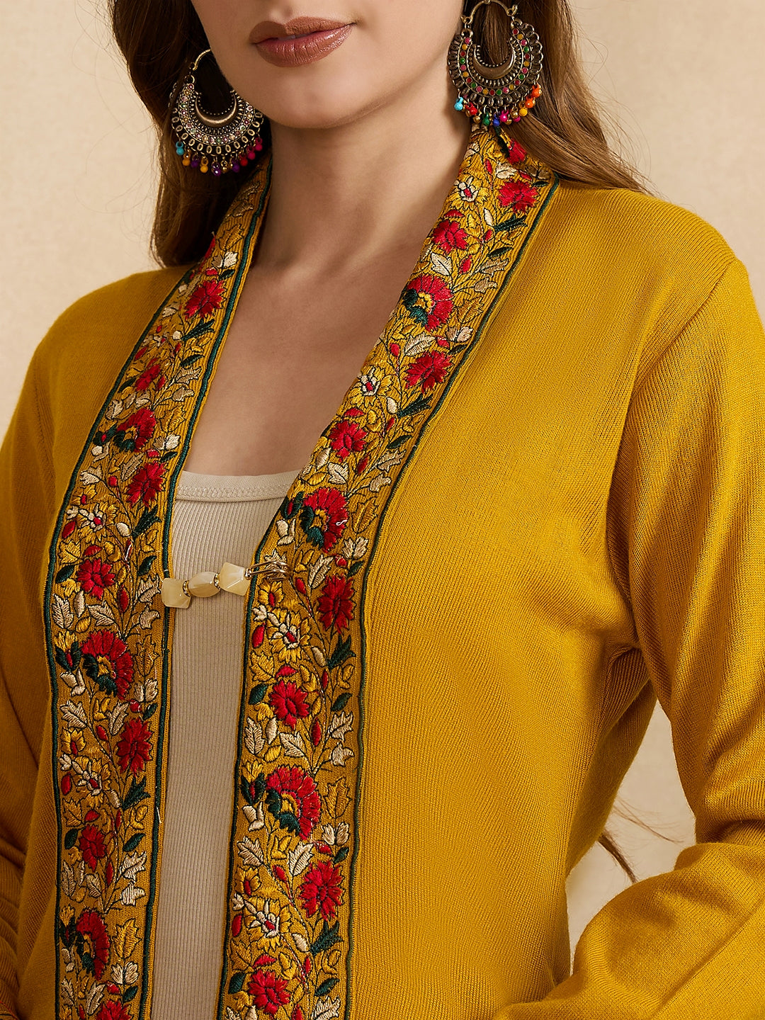 Women's Gold Mustard Embroidered Sleeves, Floral Pattern, Winter Wear, Open Neck Shrug