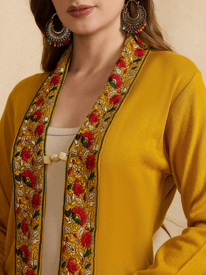 Women's Gold Mustard Embroidered Sleeves, Floral Pattern, Winter Wear, Open Neck Shrug