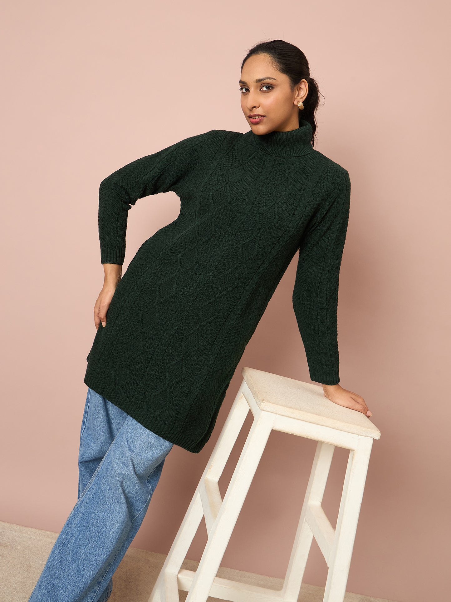 Clapton Cable Knitted  Wool Winter Wear Women’S Long Cardigan Green