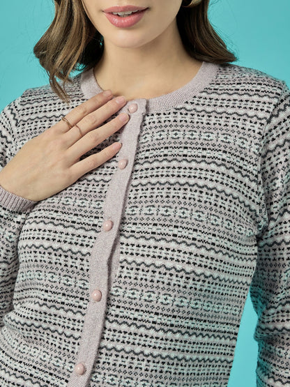Women Pink Self Striped Round Neck Cardigan