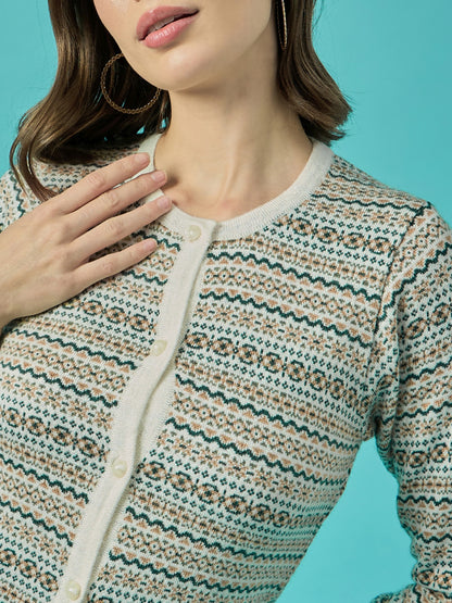 Women White Self Striped Round Neck Cardigan