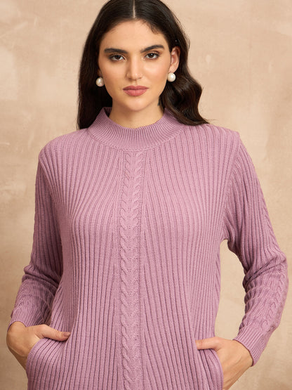 CLAPTON Women’s Wool Blend Ribbed Knit Tunic Sweater with Mock Neck & Full Sleevees Pink