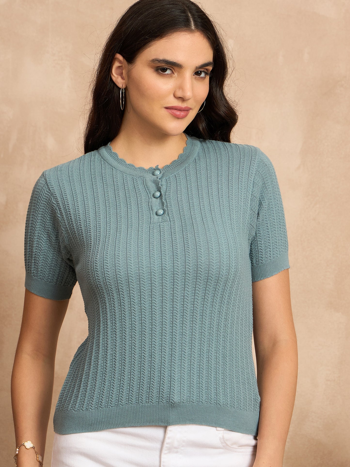 Clapton Women Knitted  Round Neck  T-shirt SKY -3105